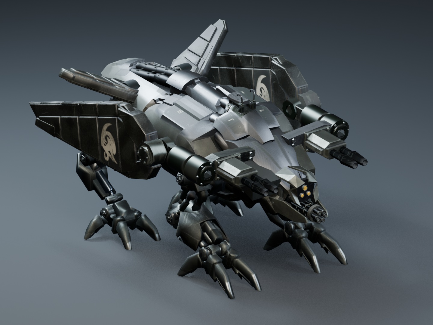 Clan Ordo Basilisk war droid with armored limbs, weathered Mandalorian metal, and Clan Ordo wing markings.