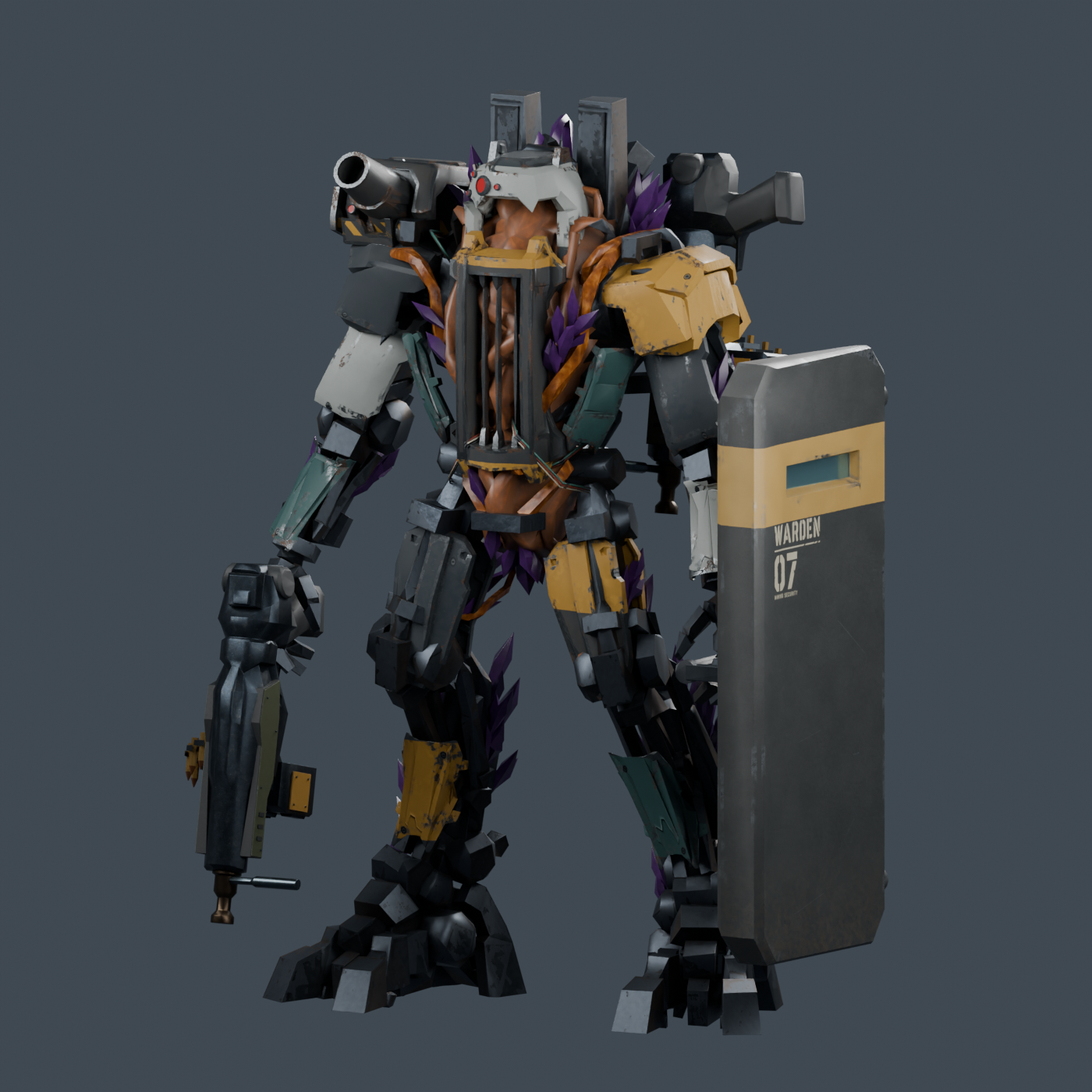 Warden armored boss with a riot shield, heavy gun, and crystal-infected core