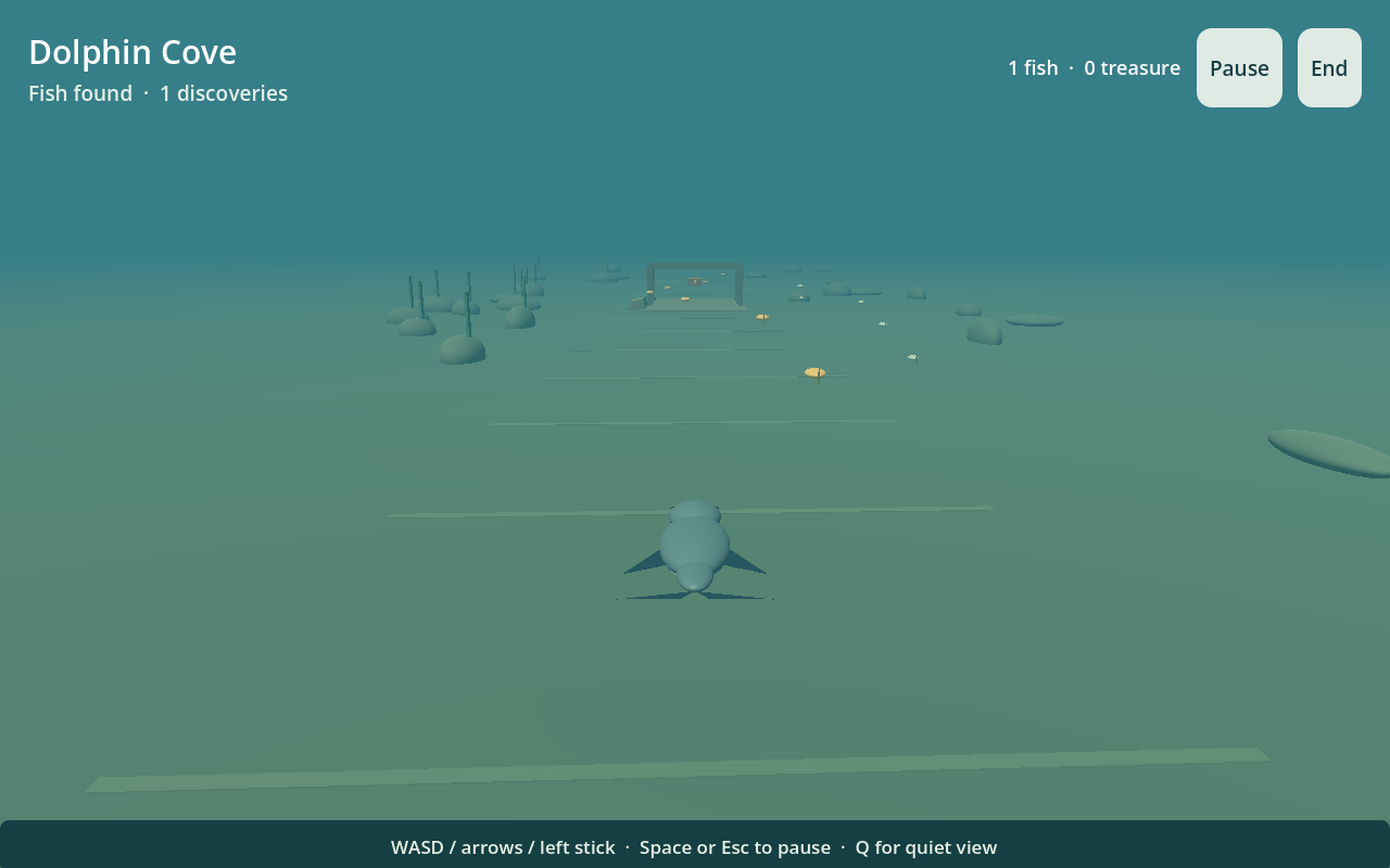 Earliest saved Dolphin Cove prototype with a simple dolphin, guided path and collection targets.