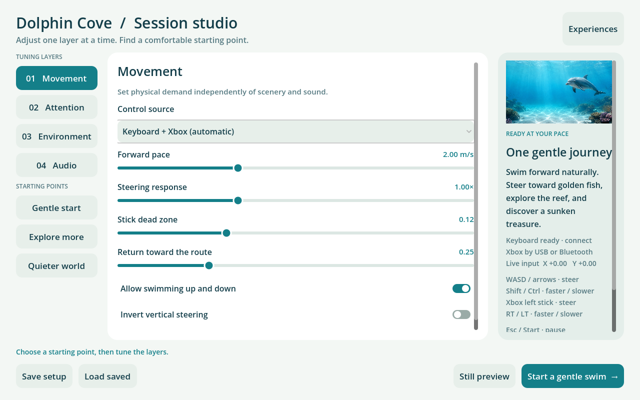 Dolphin Cove Session studio showing clinician movement controls.