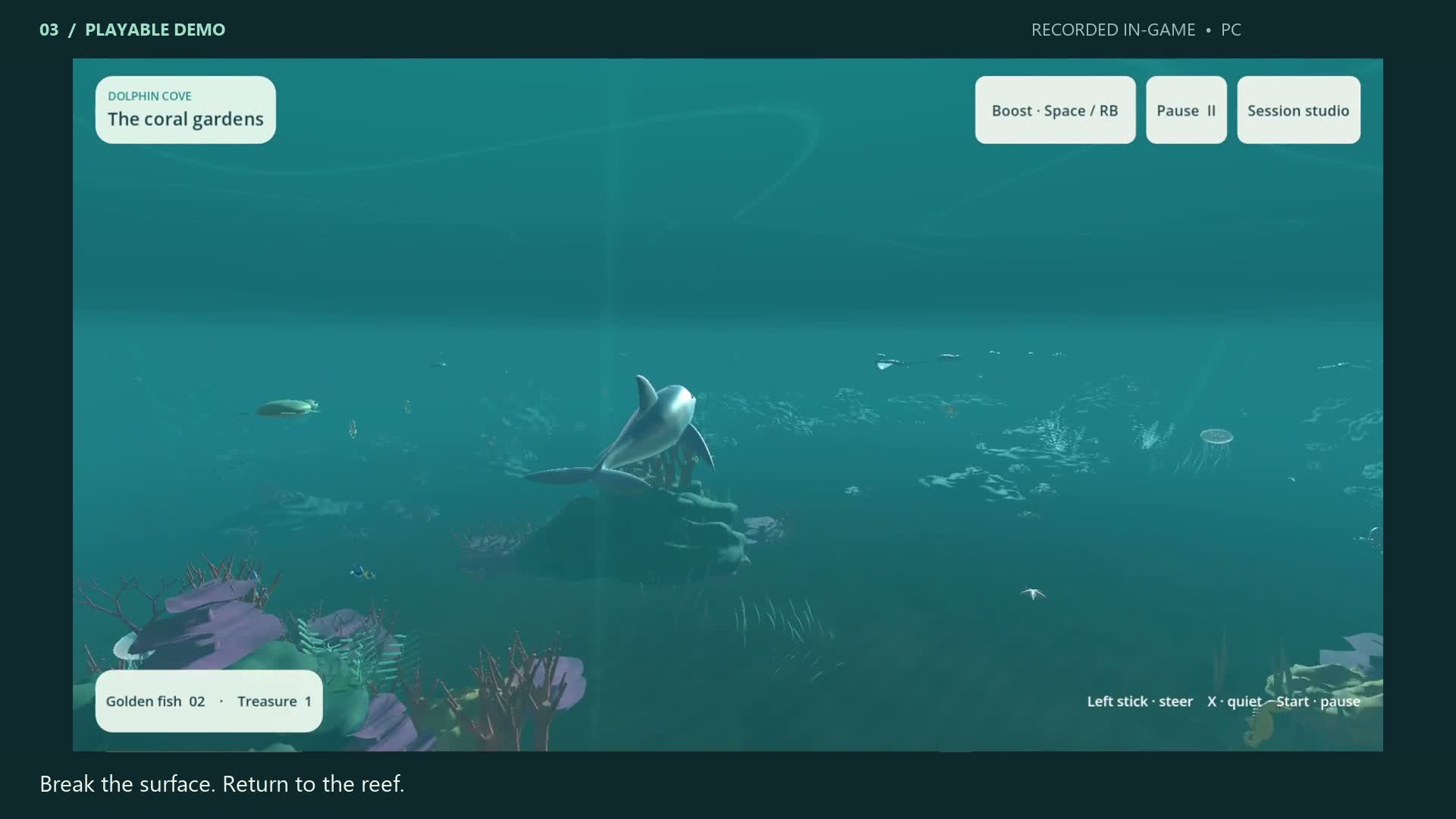 Recorded Dolphin Cove gameplay showing the dolphin among corals, fish and jellyfish.
