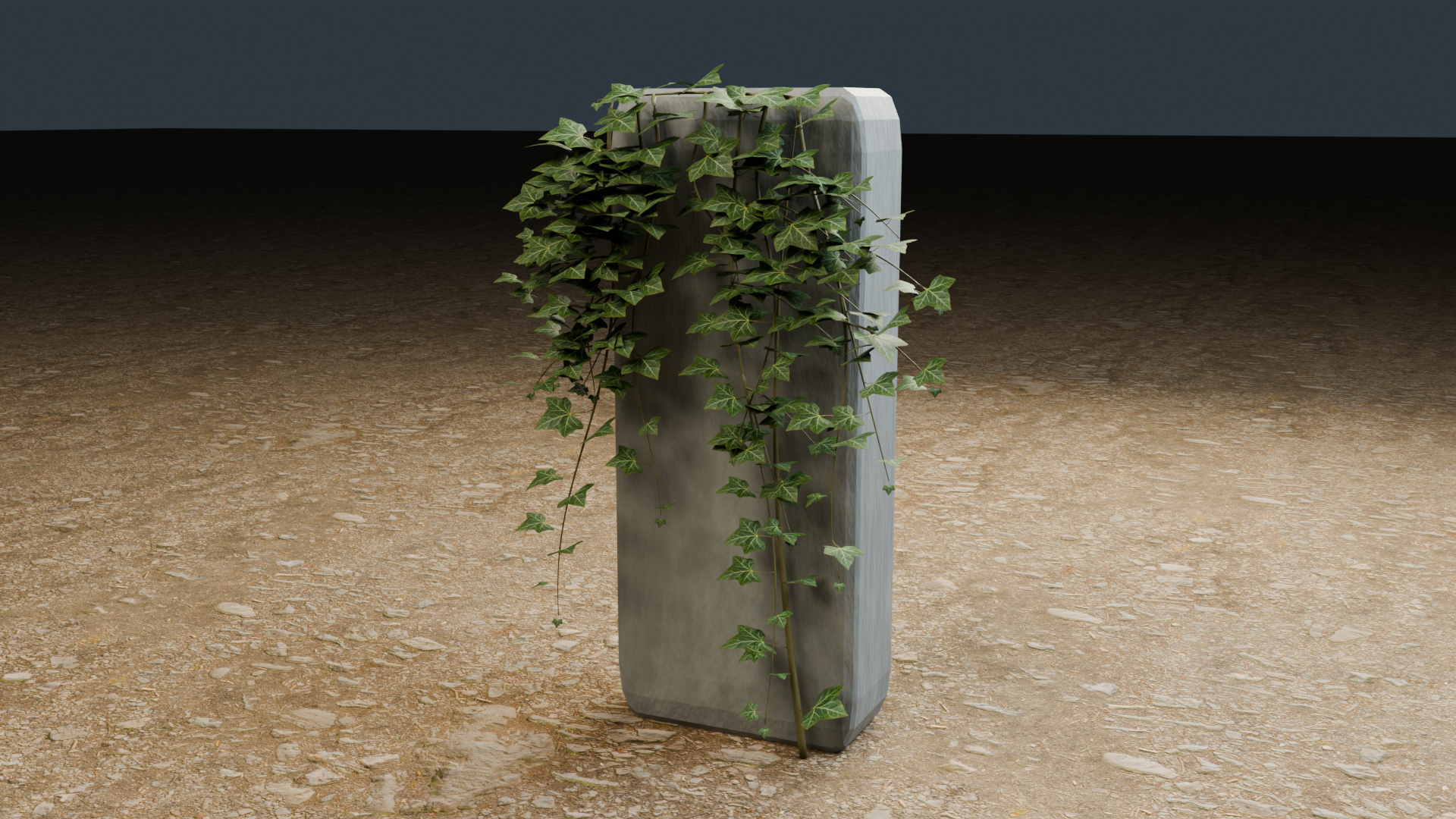Climbing ivy with hanging tendrils wrapping a concrete support