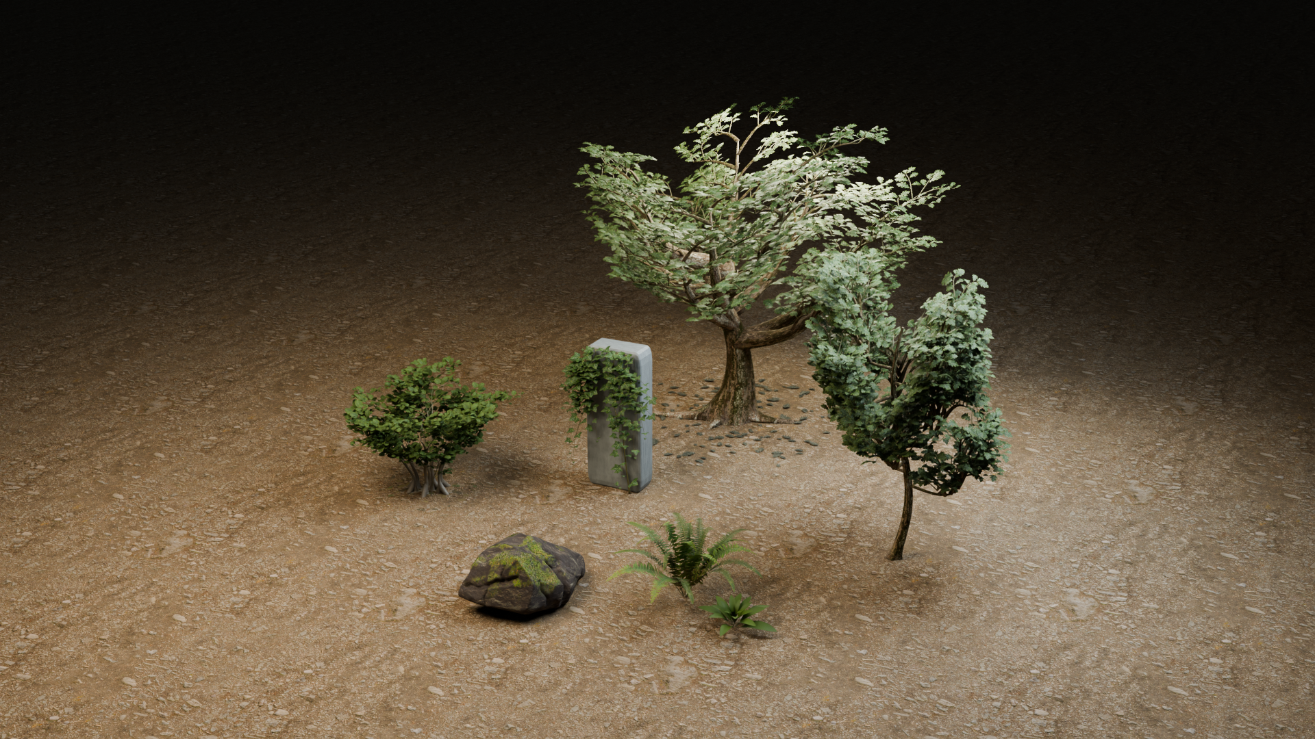 Seven foliage asset families arranged together in a native Blender render