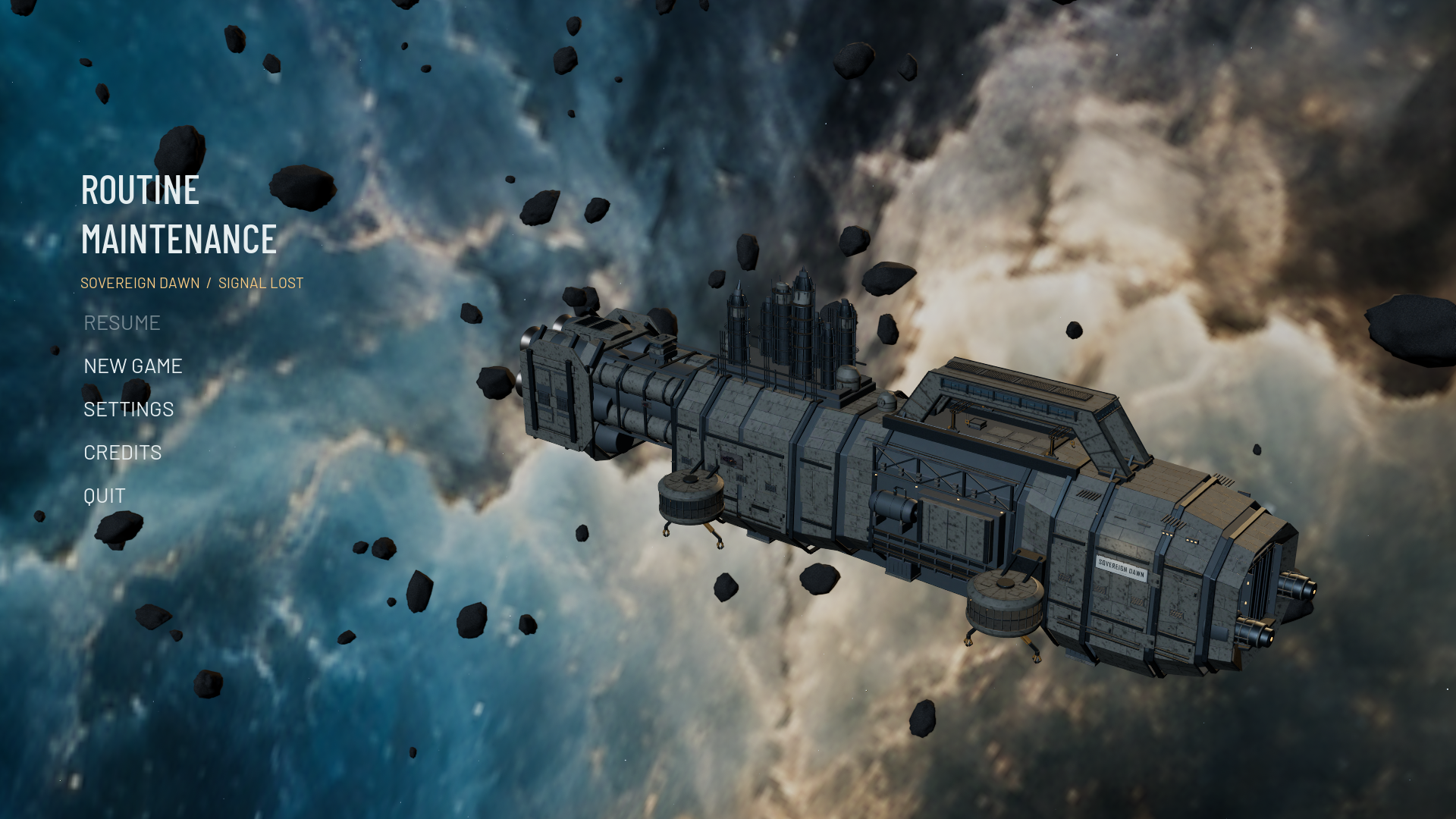 Routine Maintenance main menu featuring the Sovereign Dawn among asteroids