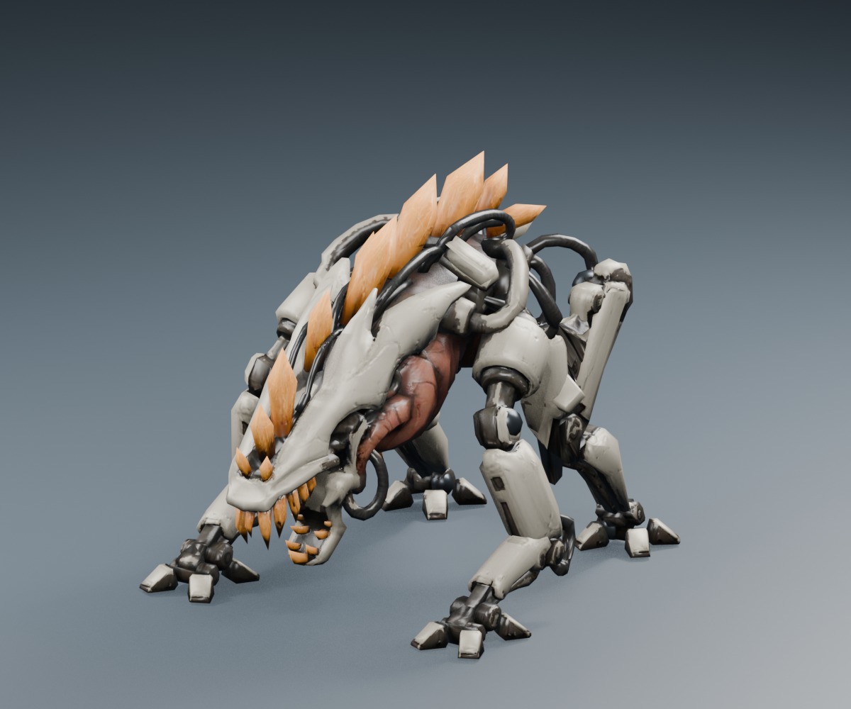 Reclaimer, a quadrupedal mechanical scavenger with an amber digestion chamber.