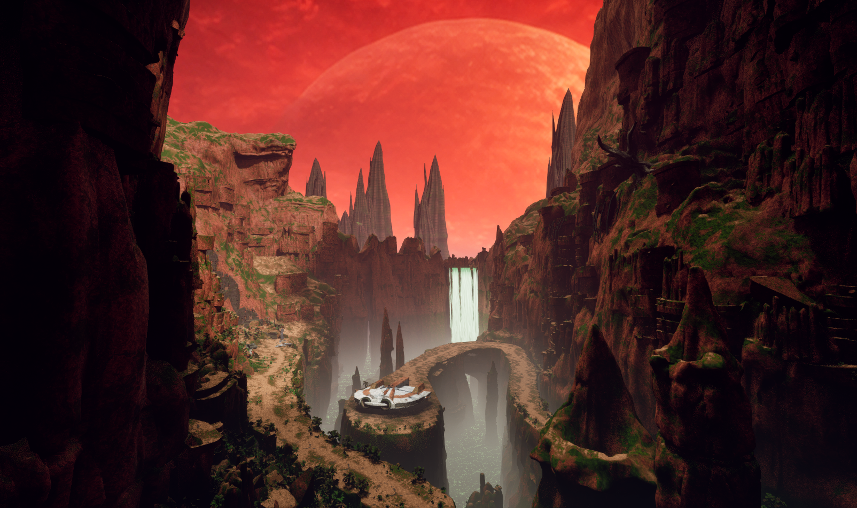 Red-sky canyon vista with a landing area and distant waterfall