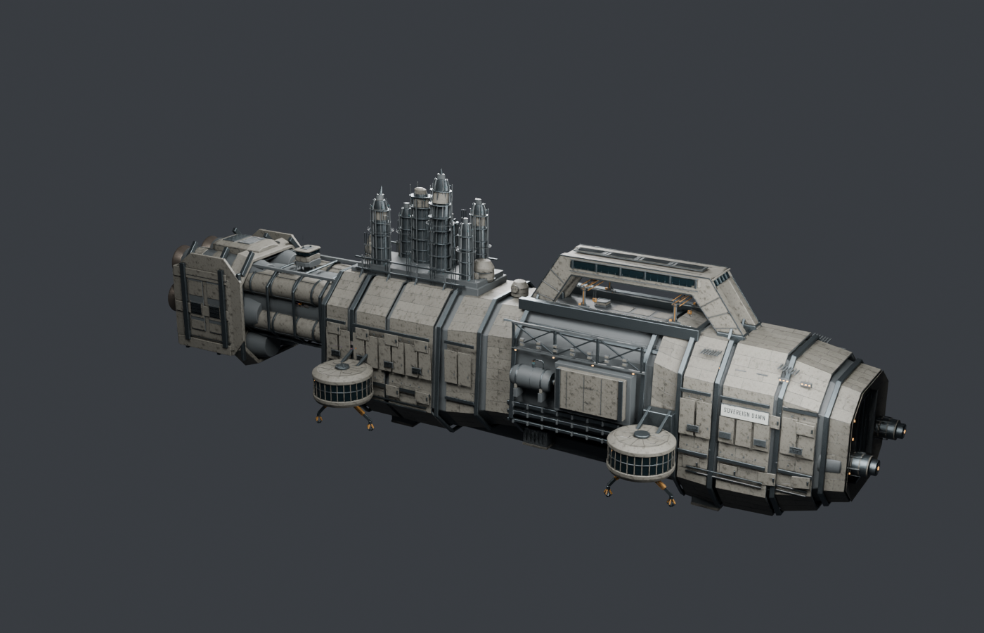 Sovereign Dawn industrial ship with engine rings, refinery towers, and suspended service pods