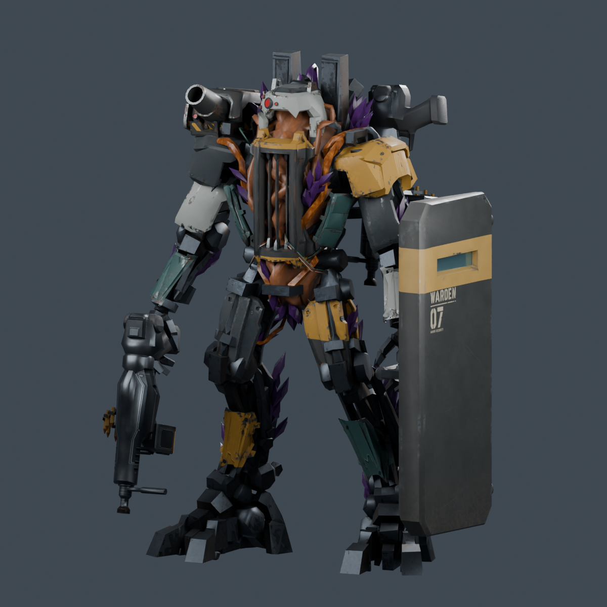Warden armored boss with a riot shield, heavy gun, and crystal-infected core