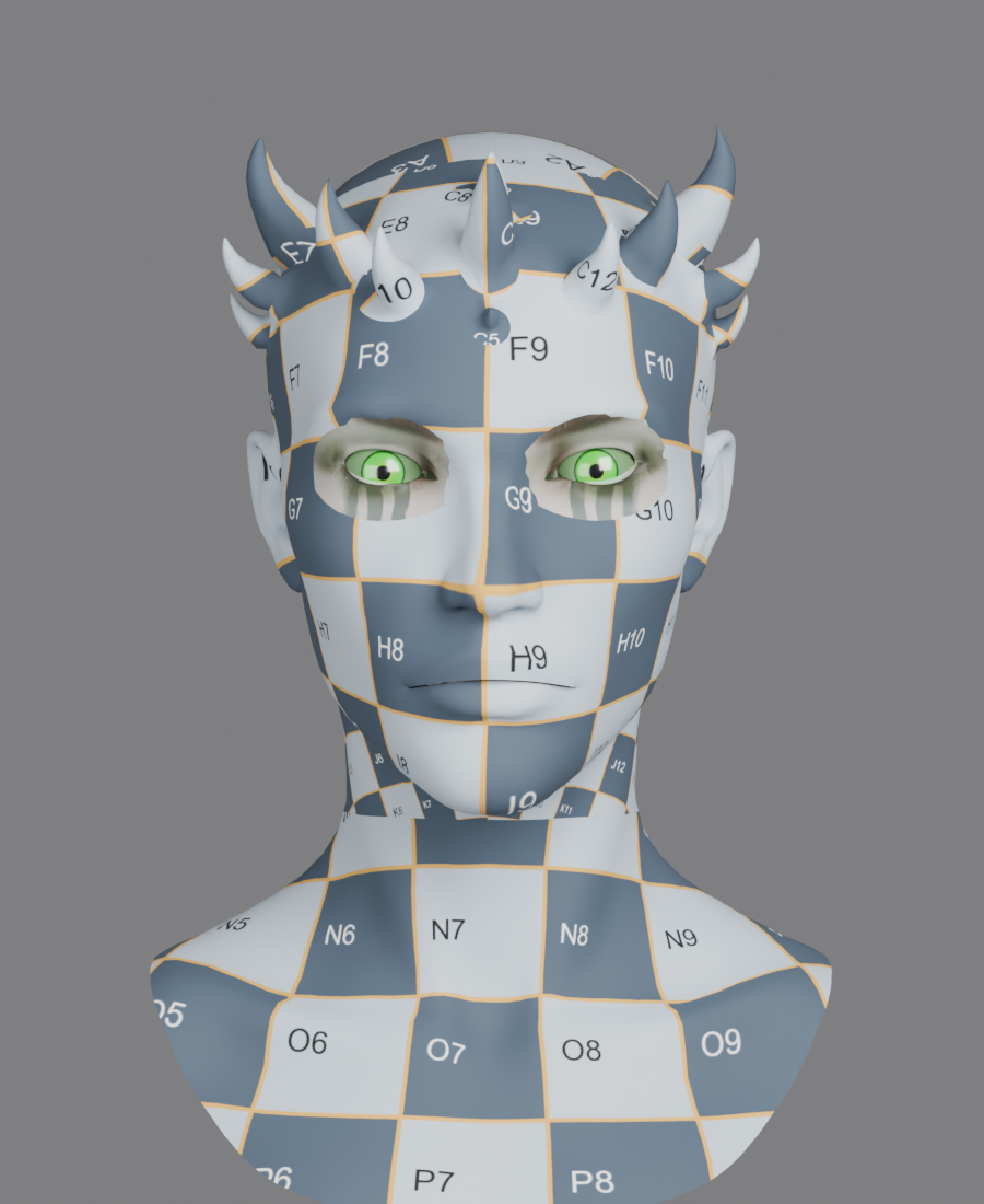 Numbered checker material on the head, showing the UV mapping across the face, horns, and neck.