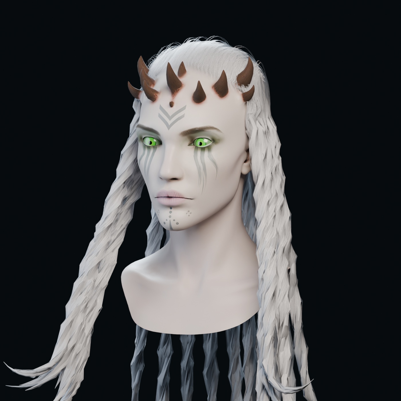 Xaria's replacement head with a horned crown, white braids, green eyes, and facial markings, rendered in a dark studio.