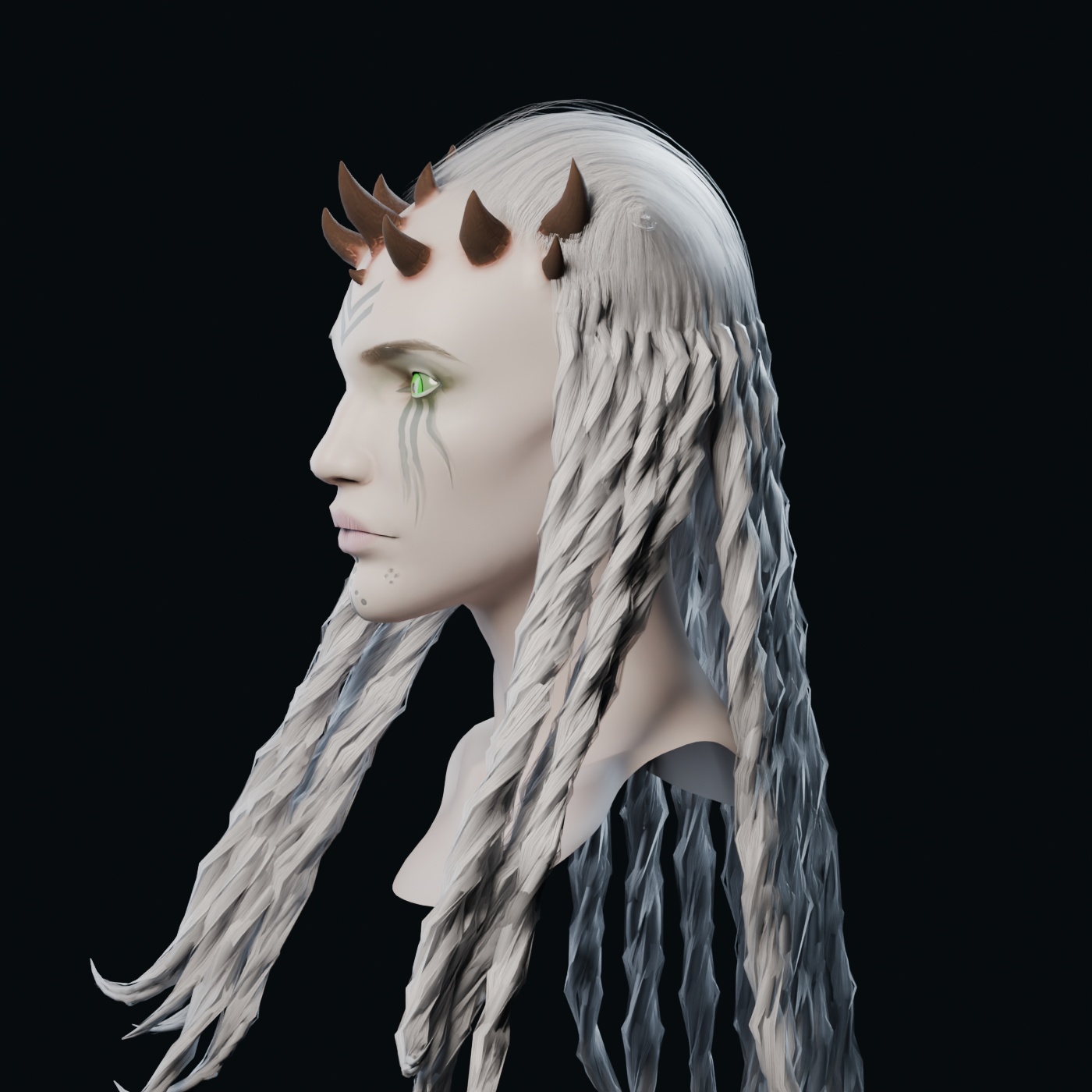 Side view showing Xaria's facial profile, horns, and layered white hair.