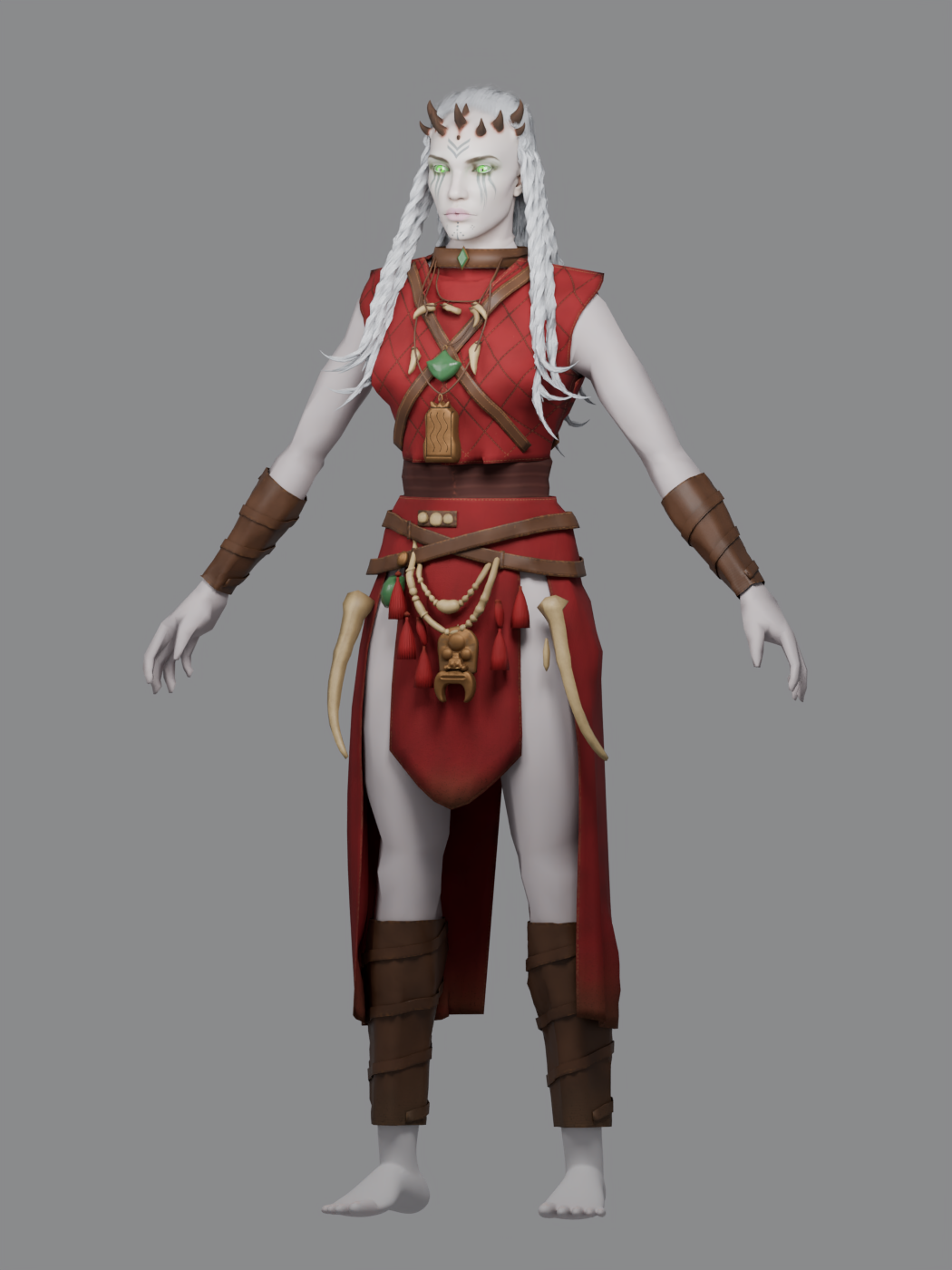 Xaria full-body character: horned head, layered white braids, red quilted outfit, fitted jewelry, and bare feet.
