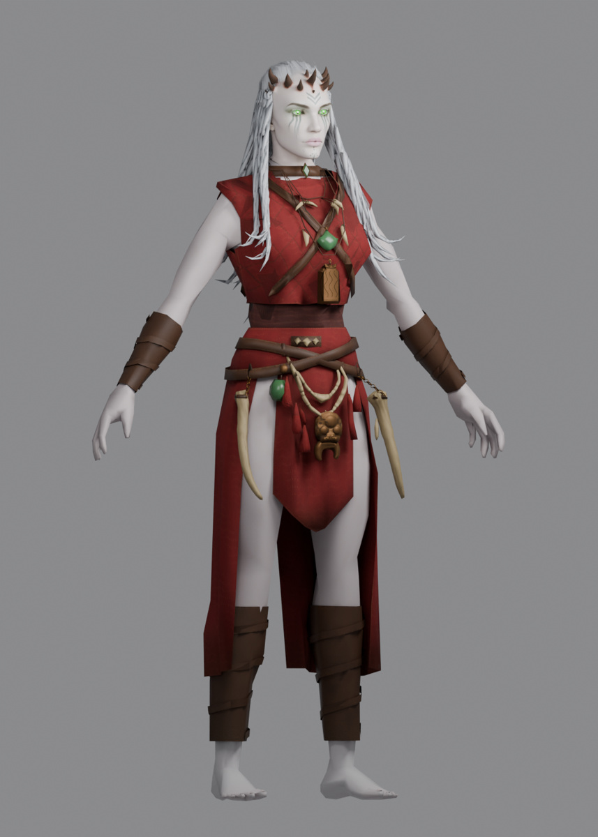 Xaria full-body character: horned head, layered white braids, red quilted outfit, fitted jewelry, and bare feet.