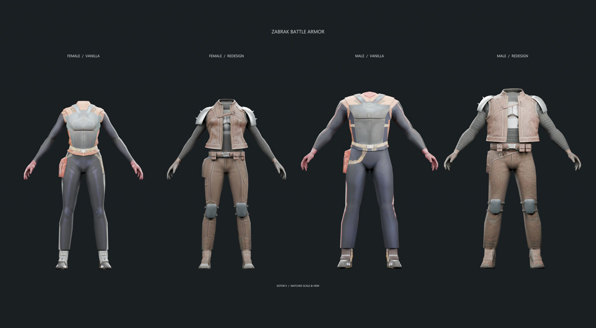 Female and male Zabrak Battle Armor: original KOTOR II outfits beside the modular redesigns.