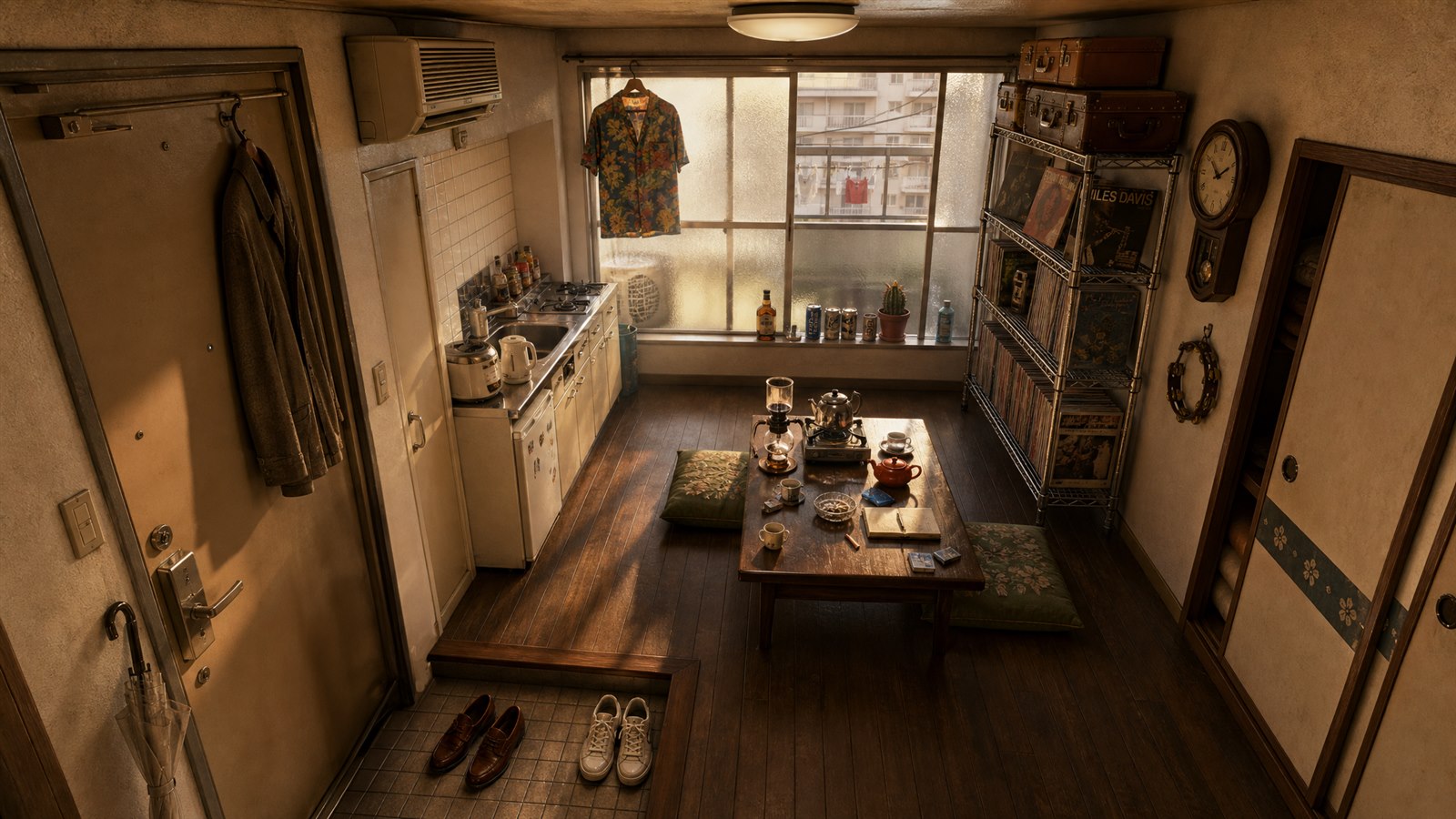 Japanese apartment concept reference with warm lived-in interior details.