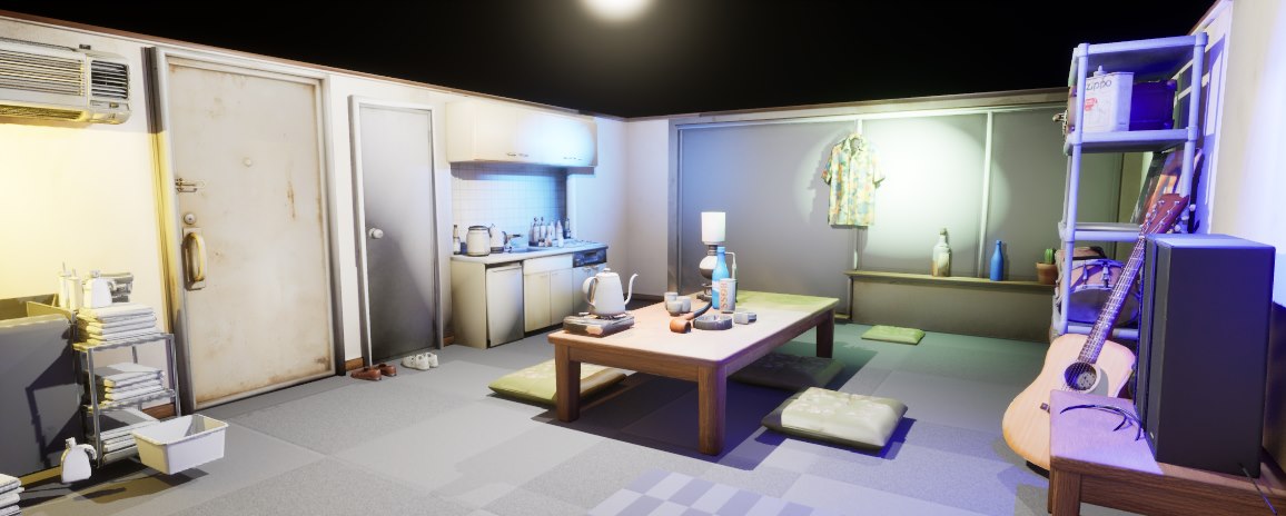Japanese apartment in-engine layout render with matching room composition and props.