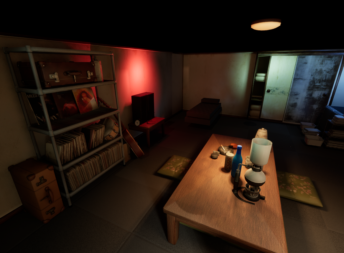 Japanese apartment detail render showing table props, shelving, and interior lighting.