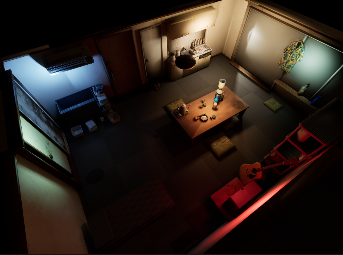 Japanese apartment overhead render showing color contrast and lighting composition.