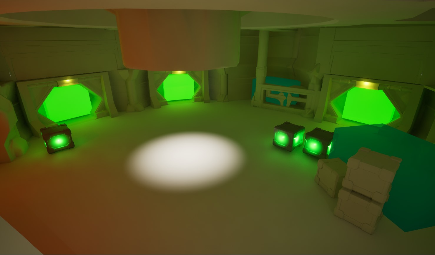 Below the Undercity chamber view with green industrial lighting, modular walls, and environmental props.