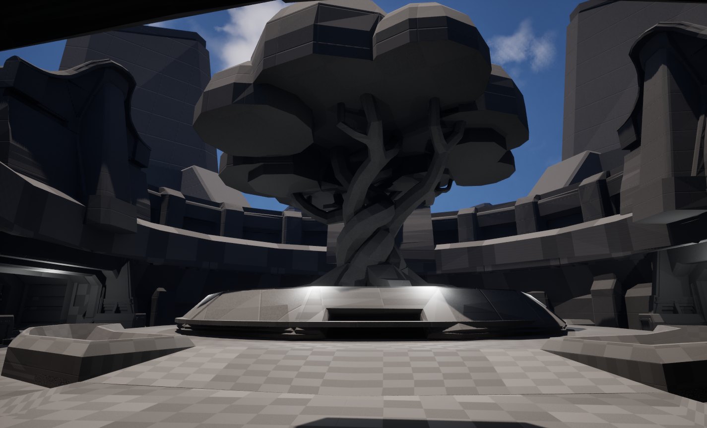 Unreal Engine courtyard environment with a sculptural tree centerpiece.
