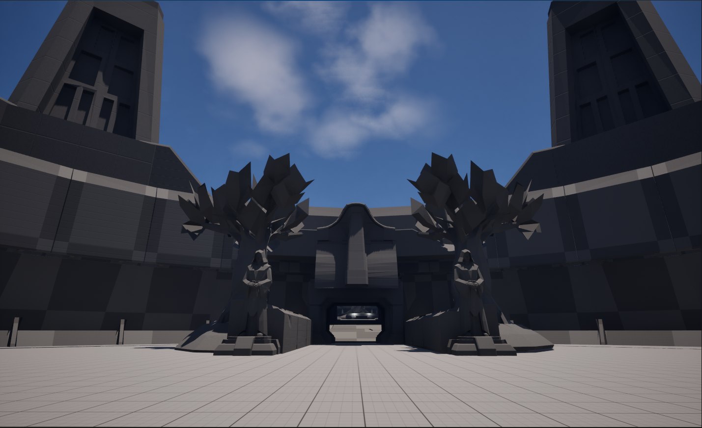 Exterior sci-fi enclave gate with statues and monumental forms.