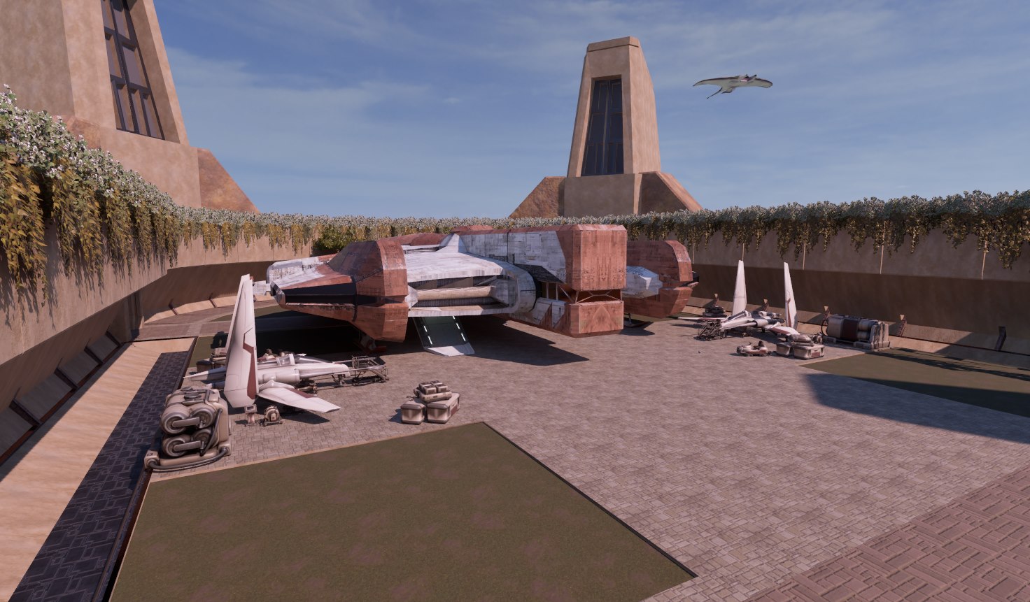 Finished Enclave landing area with ships, materials, foliage, and final lighting.