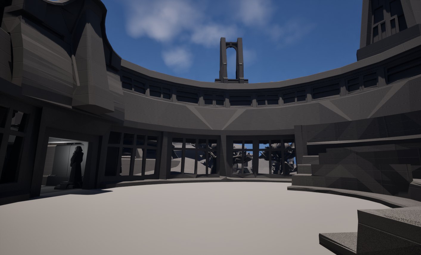 Circular enclave plaza with structural rhythm and open courtyard framing.