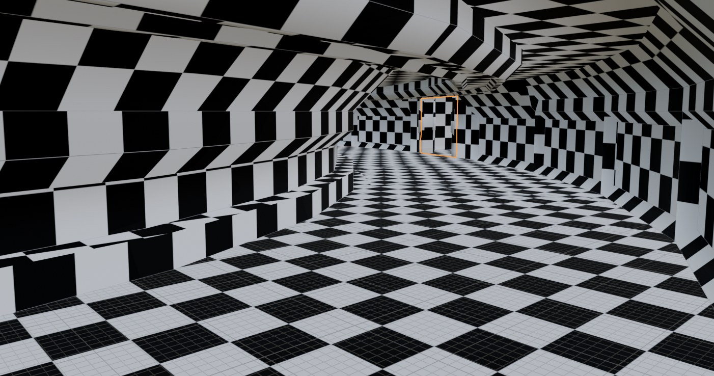 Checker-material corridor blockout showing tiled UV consistency across walls, ceiling, and floor.
