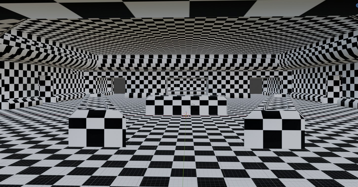 Checker-material room blockout showing proportional room layout and repeated tiled UVs.