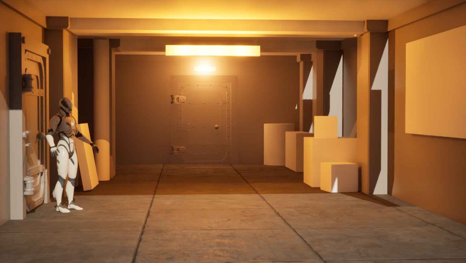 Early corridor blockout pass showing the full scene.