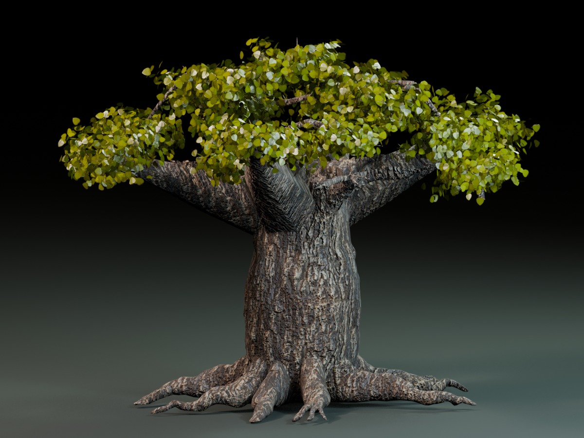 Dantooine Tree 1 with a heavy rooted trunk and tiered foliage.