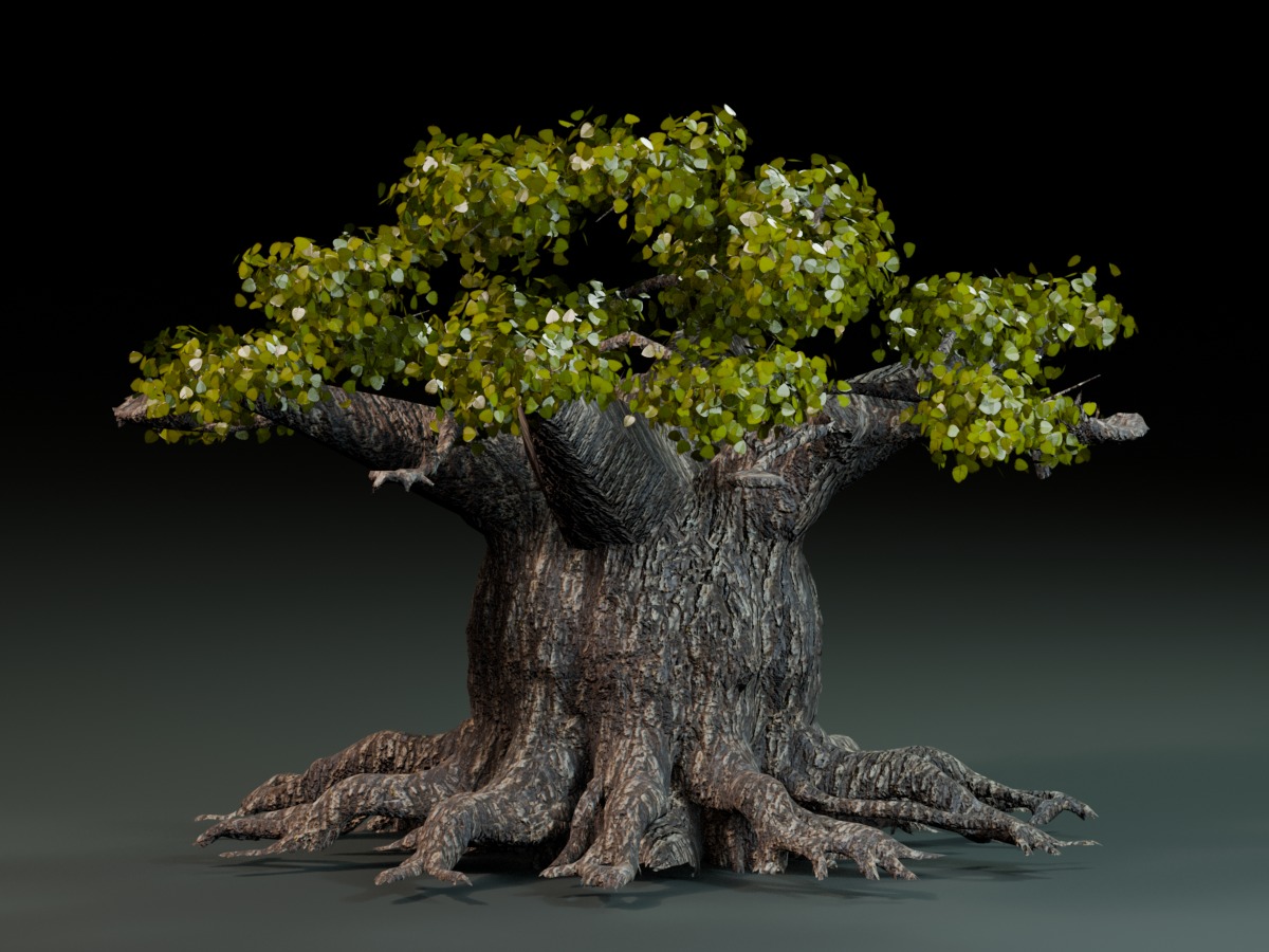 Dantooine Tree 2 with sprawling roots and an asymmetric canopy.