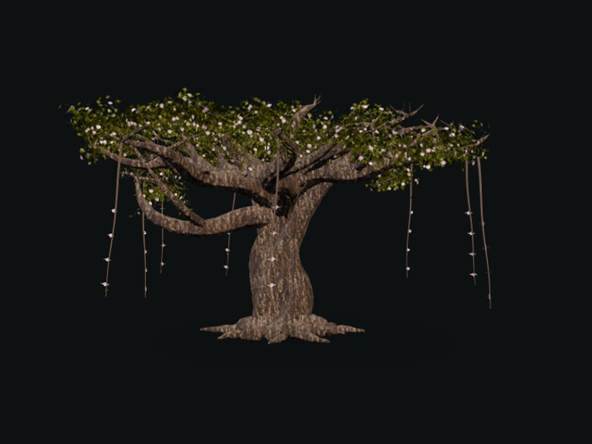 Rendered front view of the finished Uneti Tree with corrected bark, flowering foliage, and hanging vines.