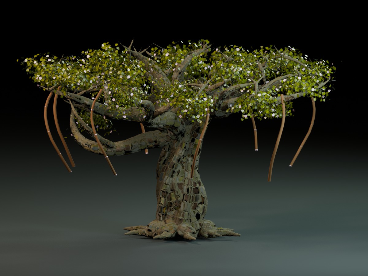 Rendered three-quarter view of the actual Uneti Tree physics-base model with hanging vines.