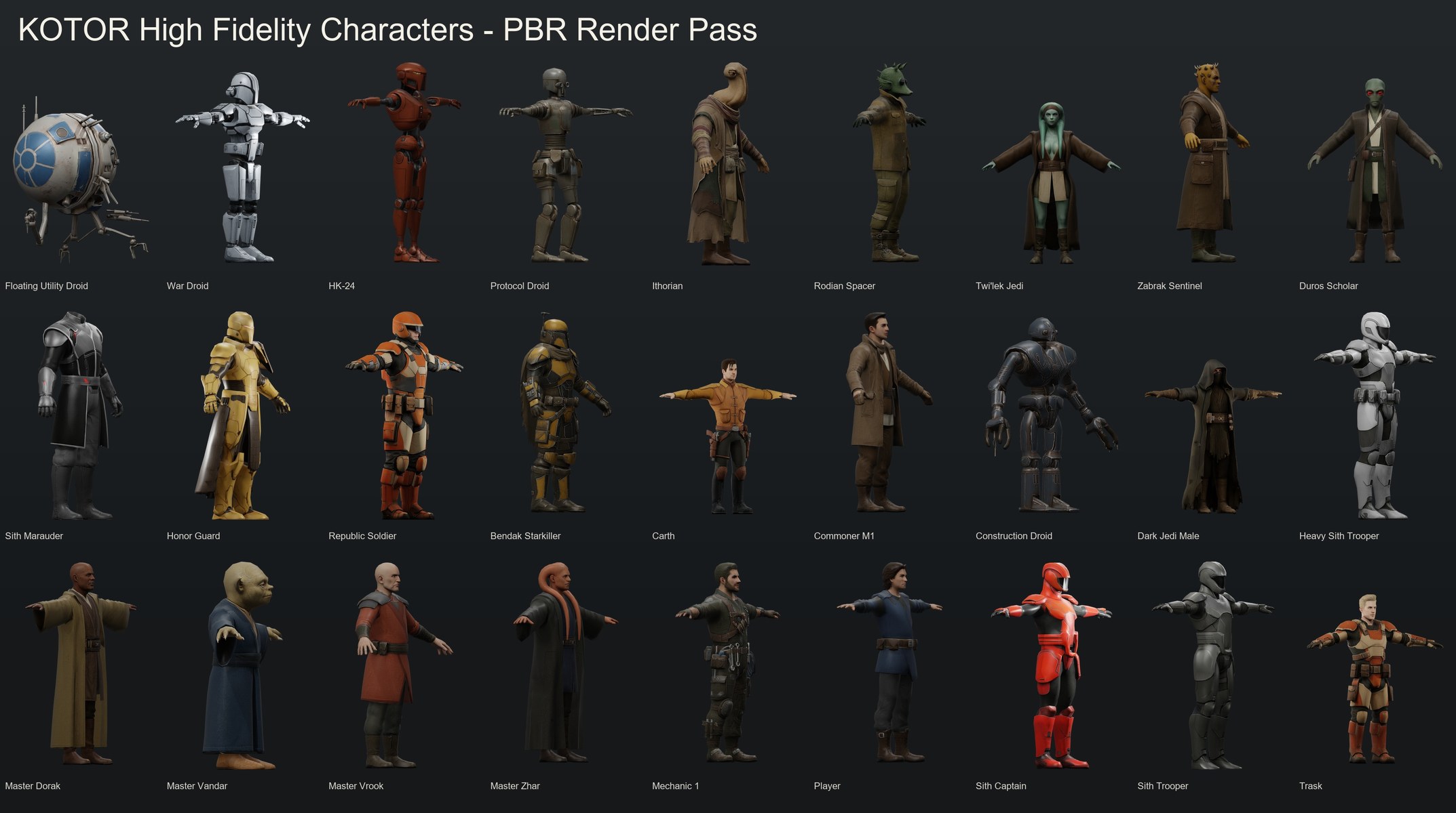 Lineup of KOTOR high-fidelity character renders.