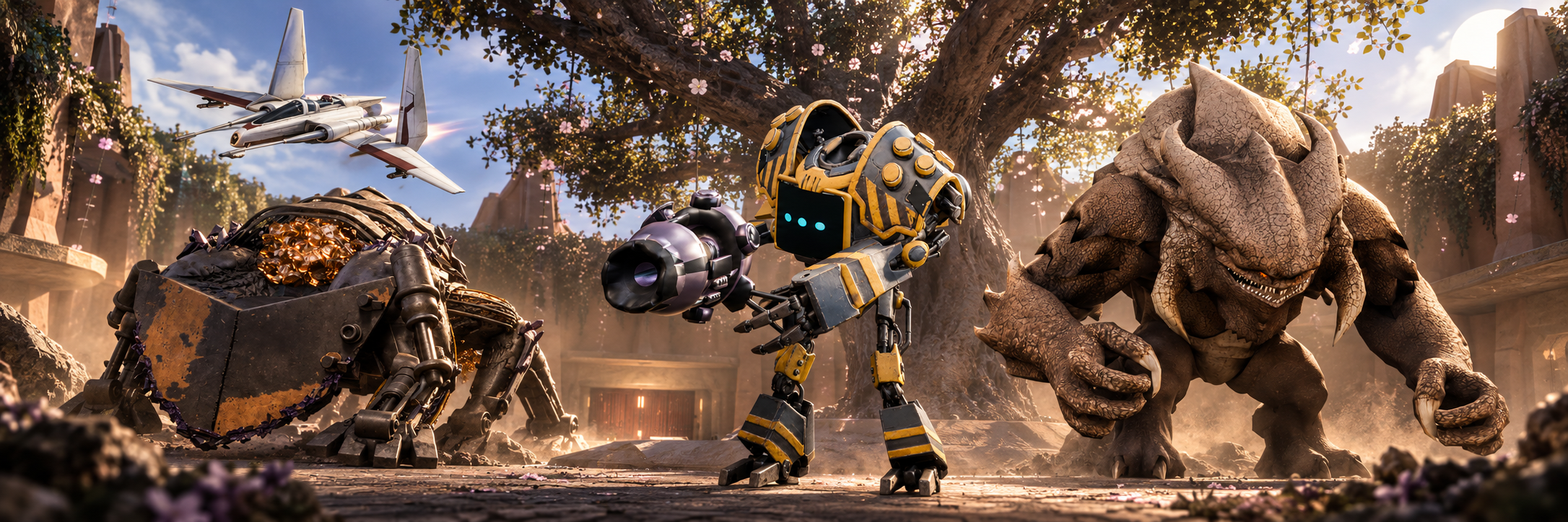 Portfolio artwork montage featuring the Enclave courtyard and Uneti tree, Jedi starfighter, Apex Crusher, Prox, and Terentatek.