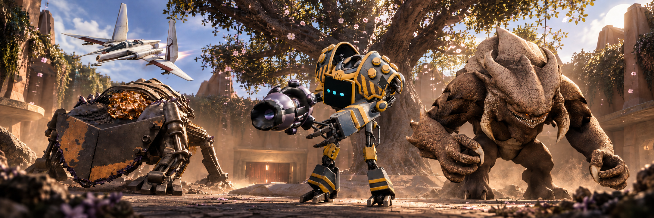 Portfolio artwork montage featuring the Enclave courtyard and Uneti tree, Jedi starfighter, Apex Crusher, Prox, and Terentatek.