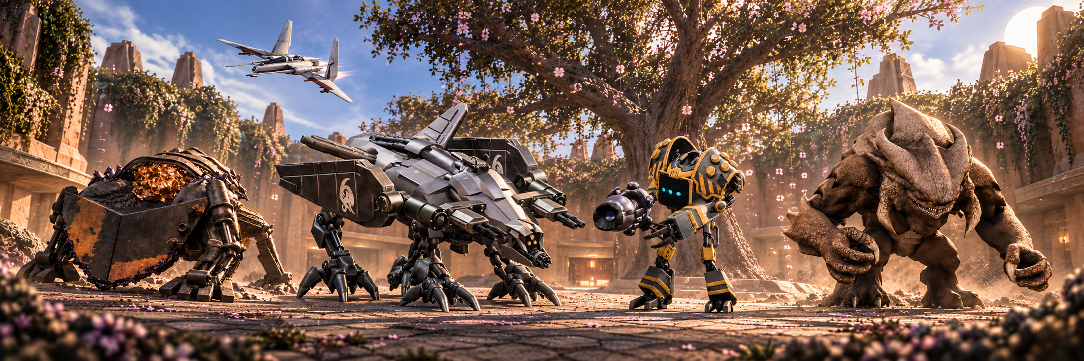 Portfolio artwork ensemble featuring Apex Crusher, Clan Ordo Basilisk, Prox, and Terentatek beneath the Uneti tree in the Enclave courtyard, with a Jedi starfighter overhead.