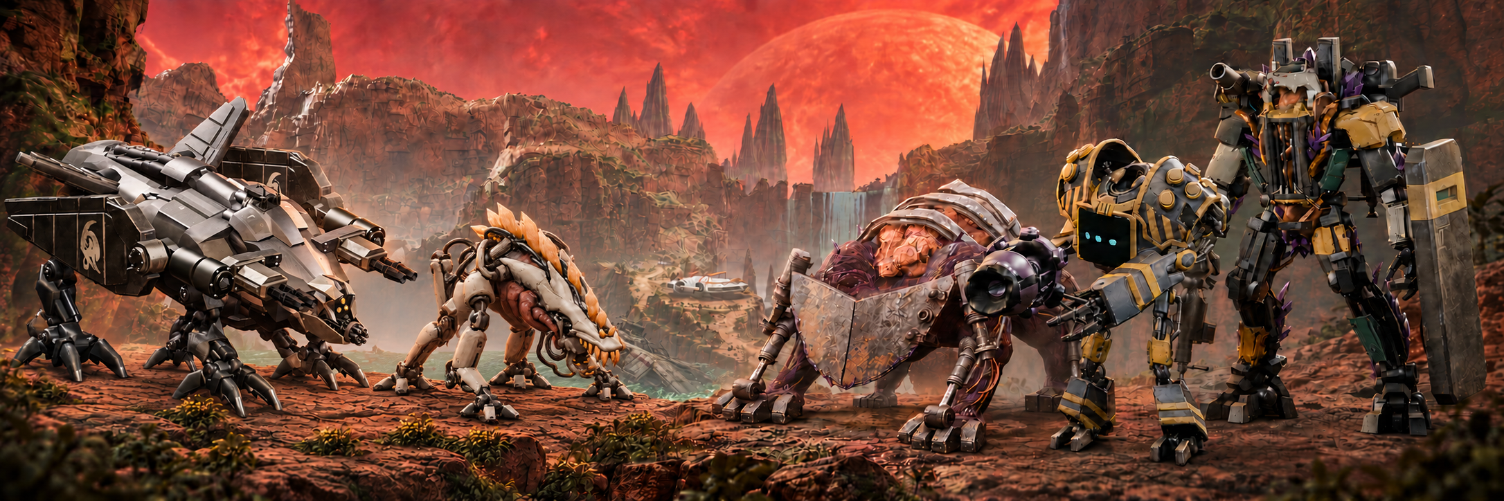 Cinematic portfolio montage: Clan Ordo Basilisk and Reclaimer face Apex Crusher, Prox, and Warden across a red-sky canyon with a waterfall, landing platform, and shipwreck.