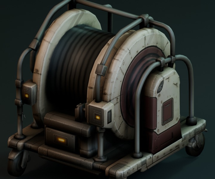 Wheeled fuel hose reel with control boxes and fittings.