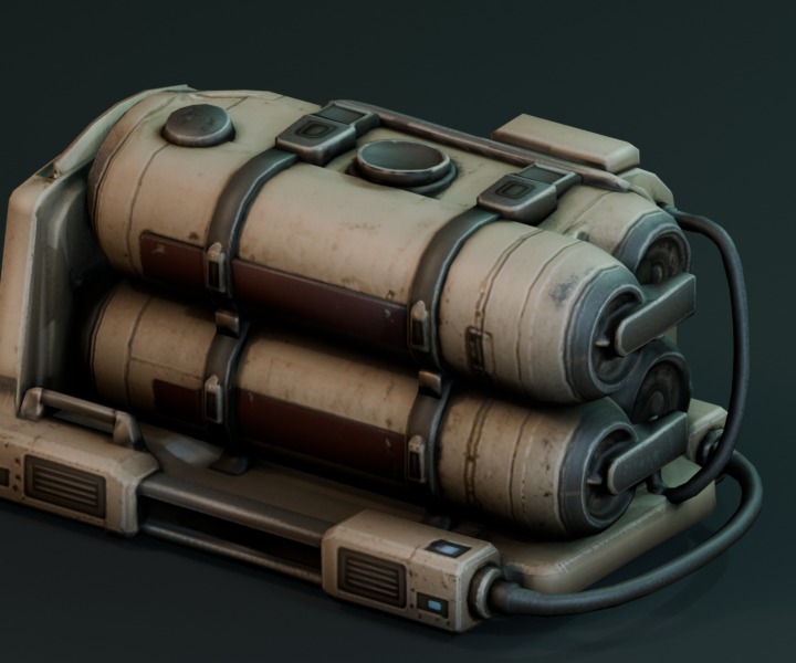 Portable rack of connected cylindrical fuel tanks.