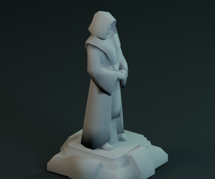 Stone statue of a robed Jedi Sentinel on a pedestal.