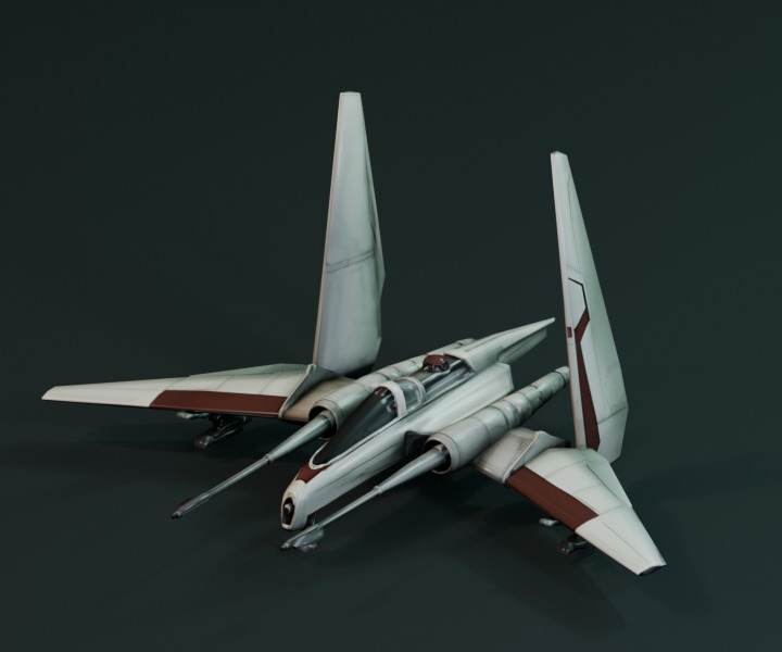 White and red Jedi starfighter with swept wings and twin engines.