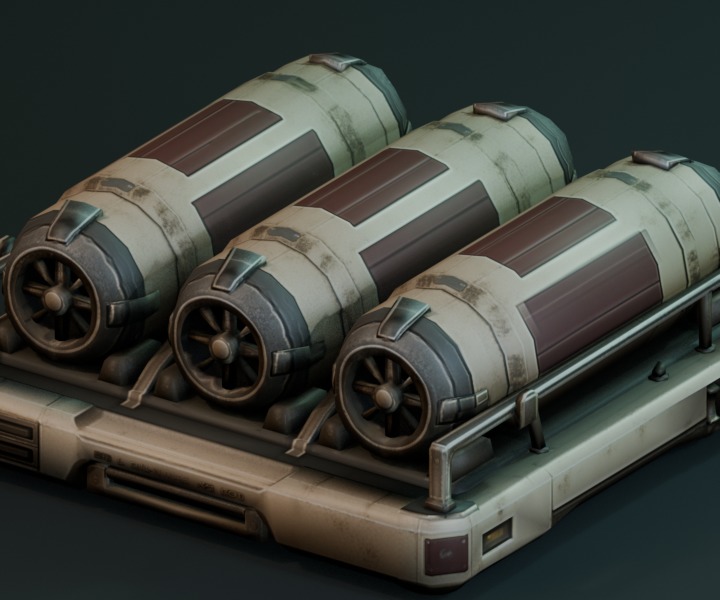 Three proton torpedo canisters secured to a service rack.