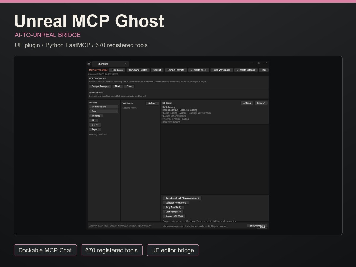 Unreal MCP Ghost technical art card showing the MCP Chat editor window.