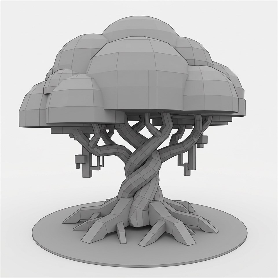 Gray blockout of the Uneti tree establishing its trunk, roots, canopy, and hanging forms.
